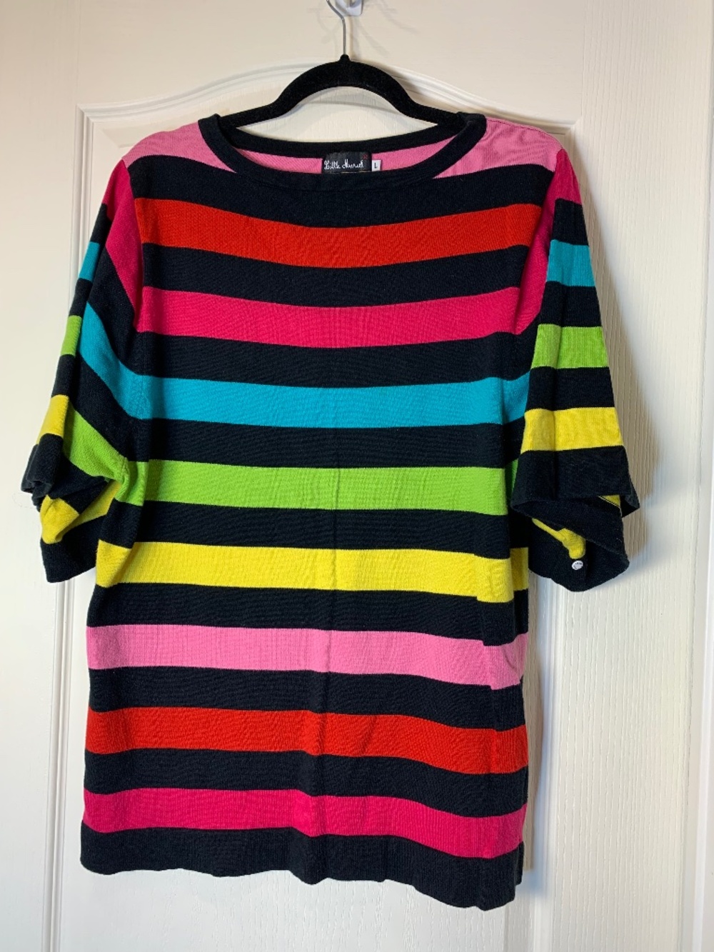 Little Marcel Women’s L Rainbow Striped Cotton Knit Short Sleeve Sweater Pride